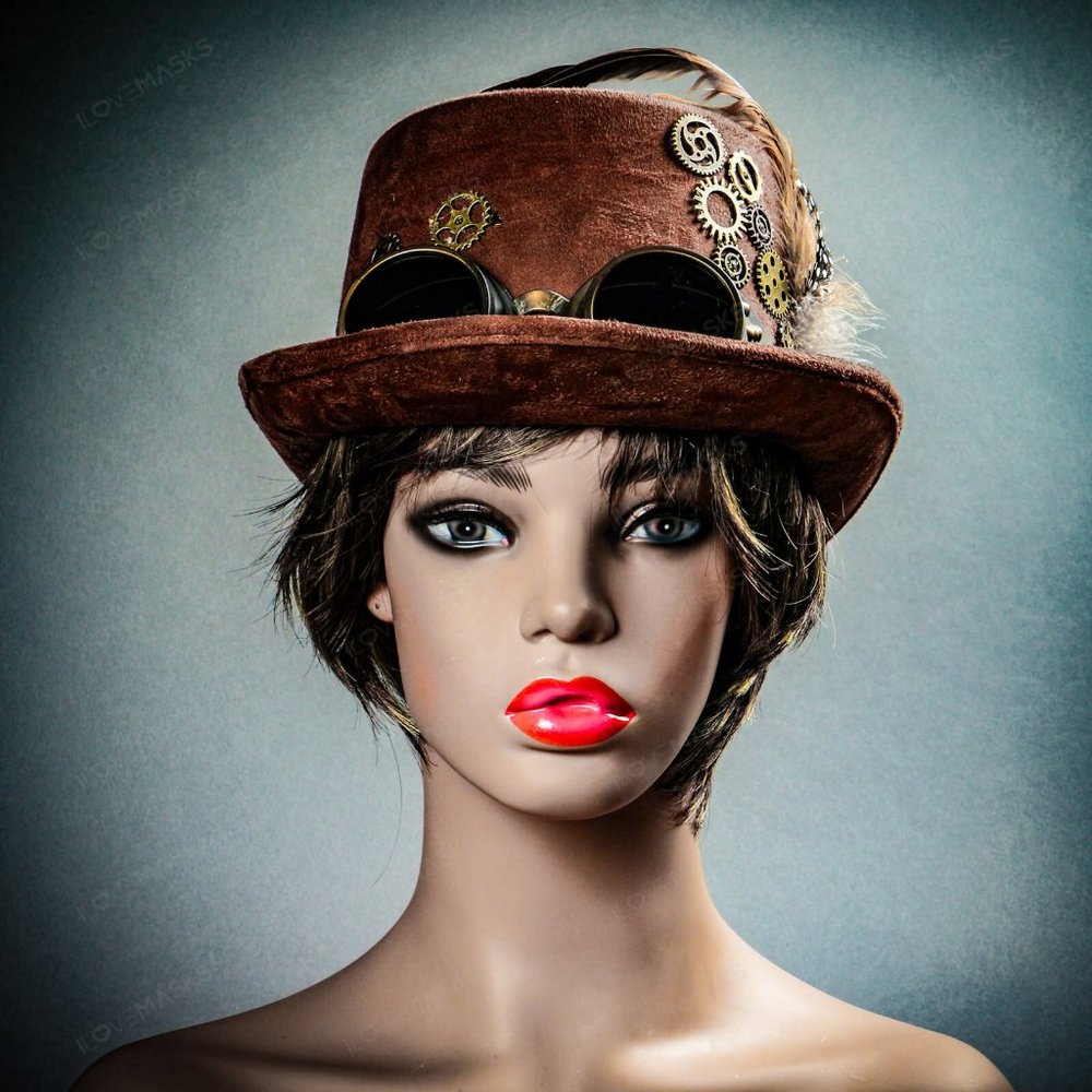 Brown Retro Steampunk Lace Trim Feather Goggles To